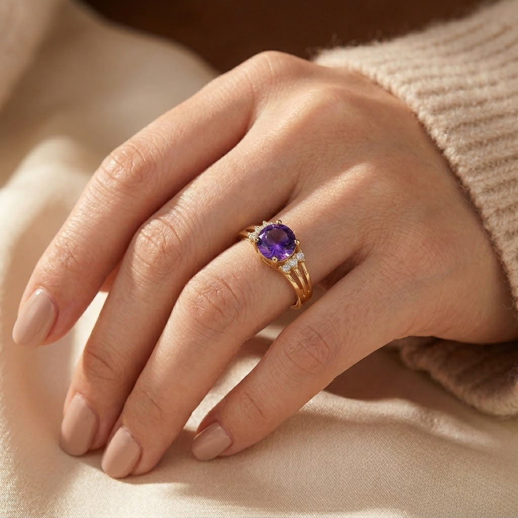 Gold Amethyst Split Shank Ring - Photo 2