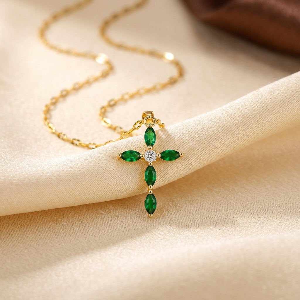 Gold Emerald Marquise Cross Necklace - Photo 1