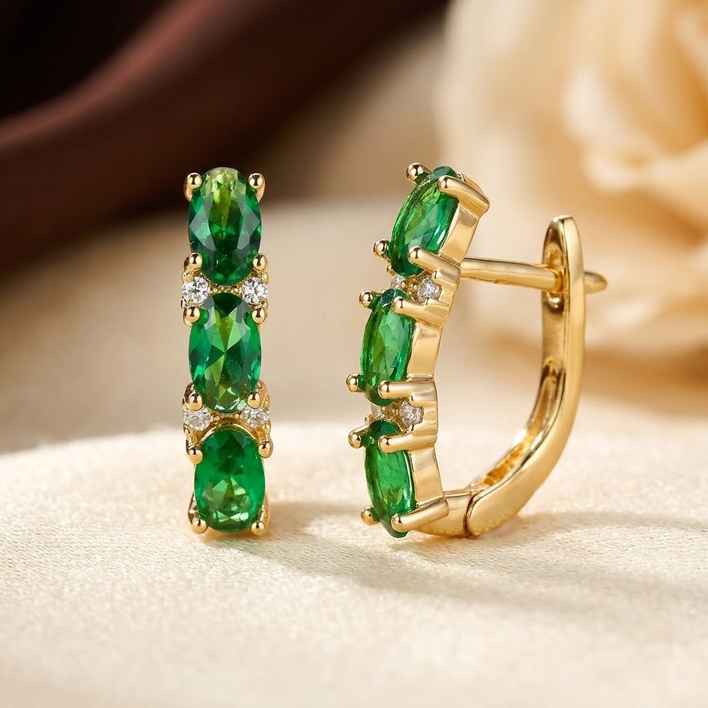 Gold Emerald Vertical Hoop Earrings - Photo 1