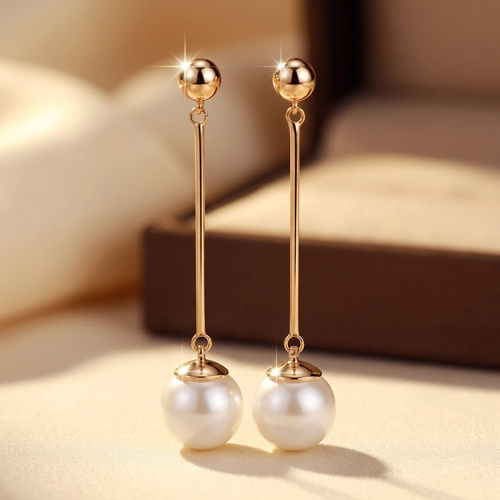 Gold Long Pearl Drop Earrings - Photo 1