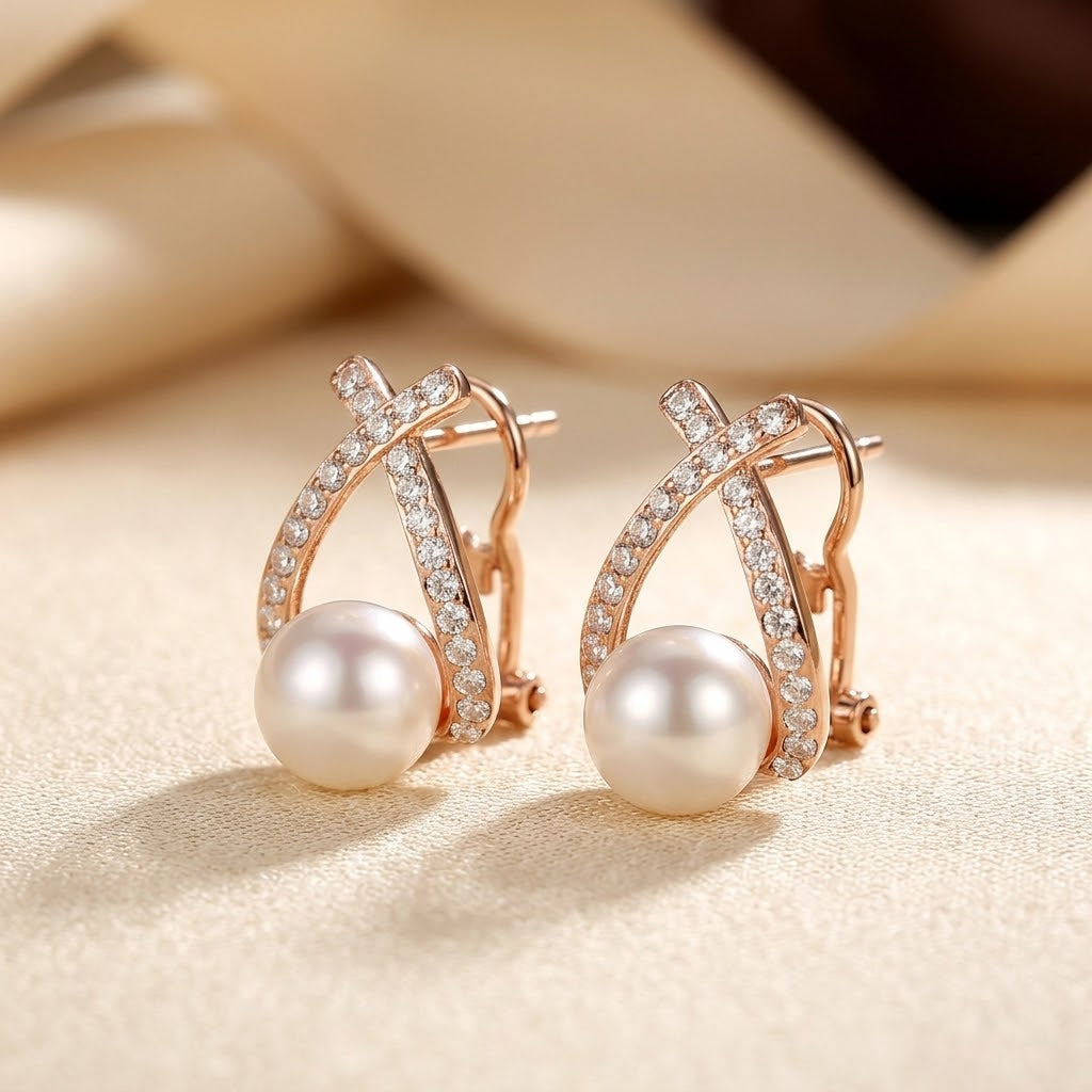 Gold Crisscross Pearl Stud Earrings - Photo 2
