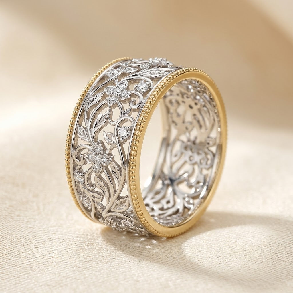 Silver and Gold Ornate Band Ring - Photo 1