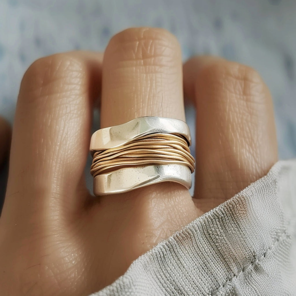 Silver Golden Threads Ring - Photo 1
