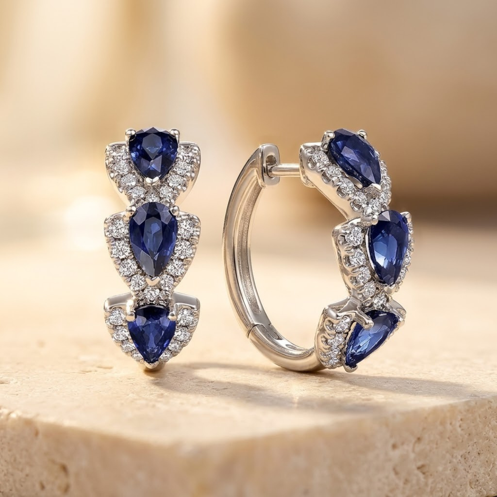 Silver Sapphire Halo Hoop Earrings - Photo 1