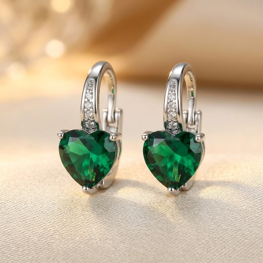 Silver Emerald Heart Hoop Earrings - Photo 1