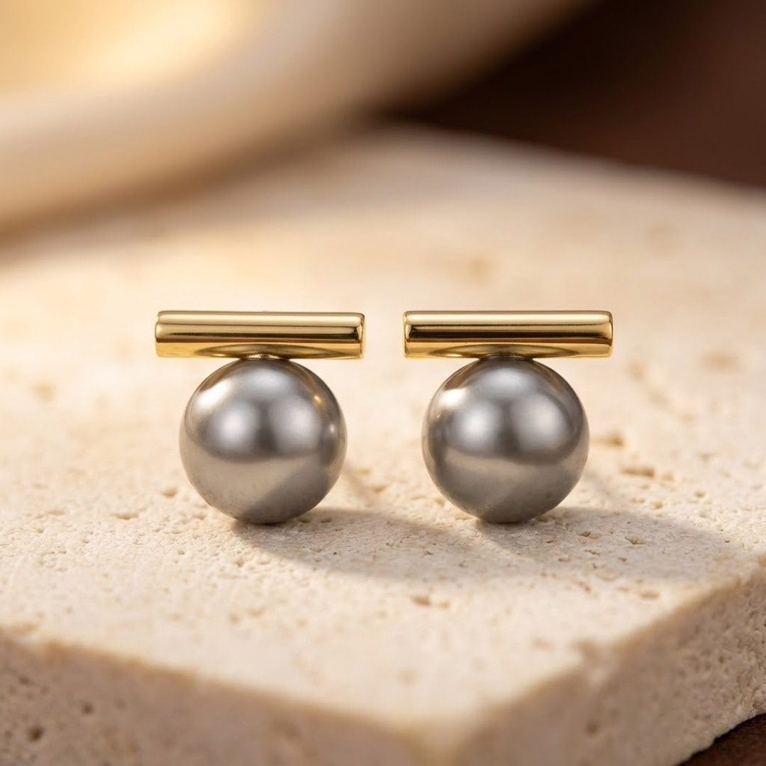 Gold Bar Pearl Stud Earrings - Photo 1