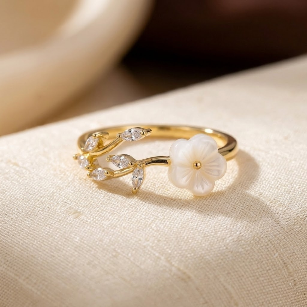 Gold Floral and Leaf Open Ring - Photo 1