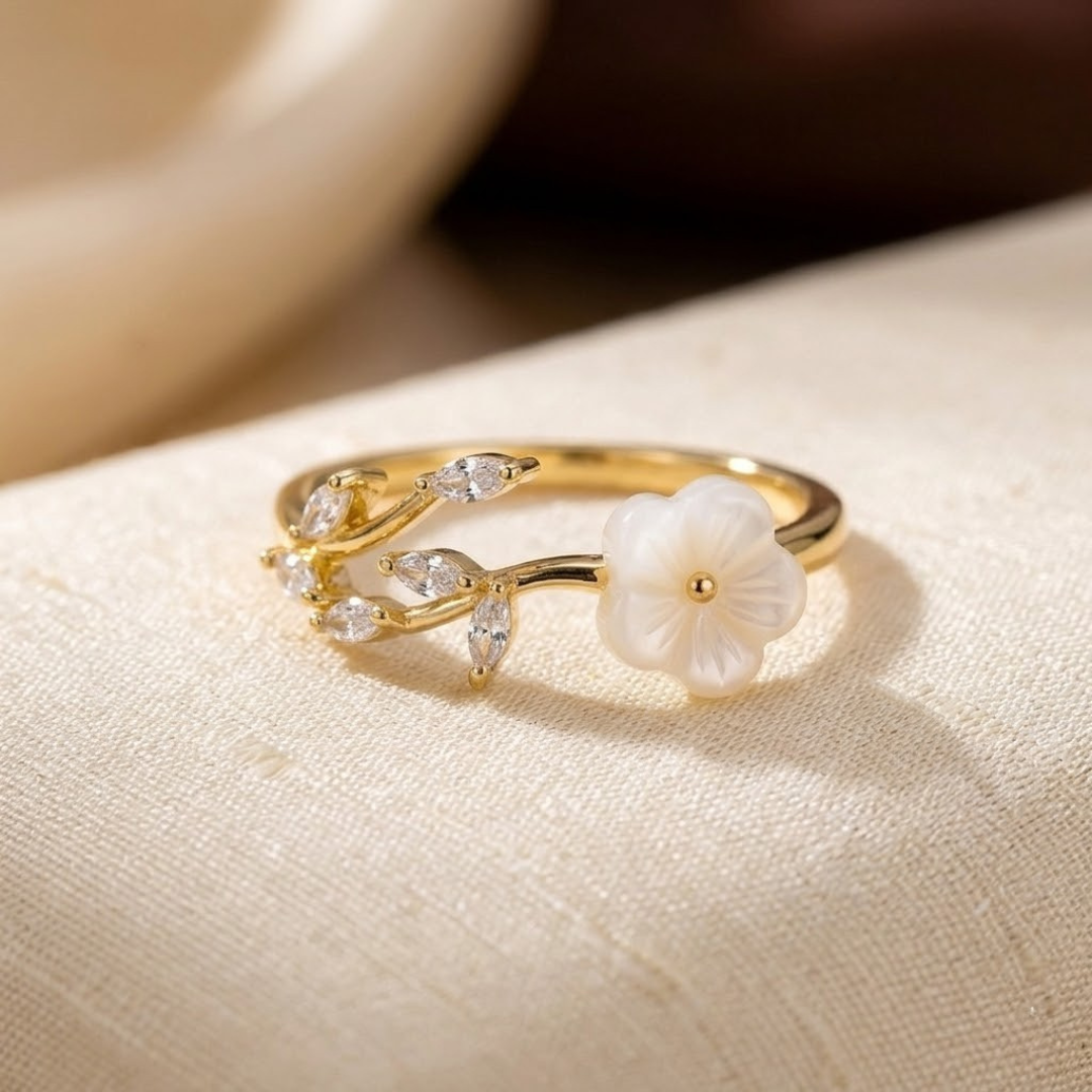 Gold Floral and Leaf Open Ring - Photo 1