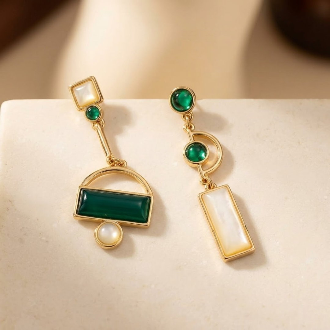 Gold Emerald Geometric Drop Earrings - Photo 1