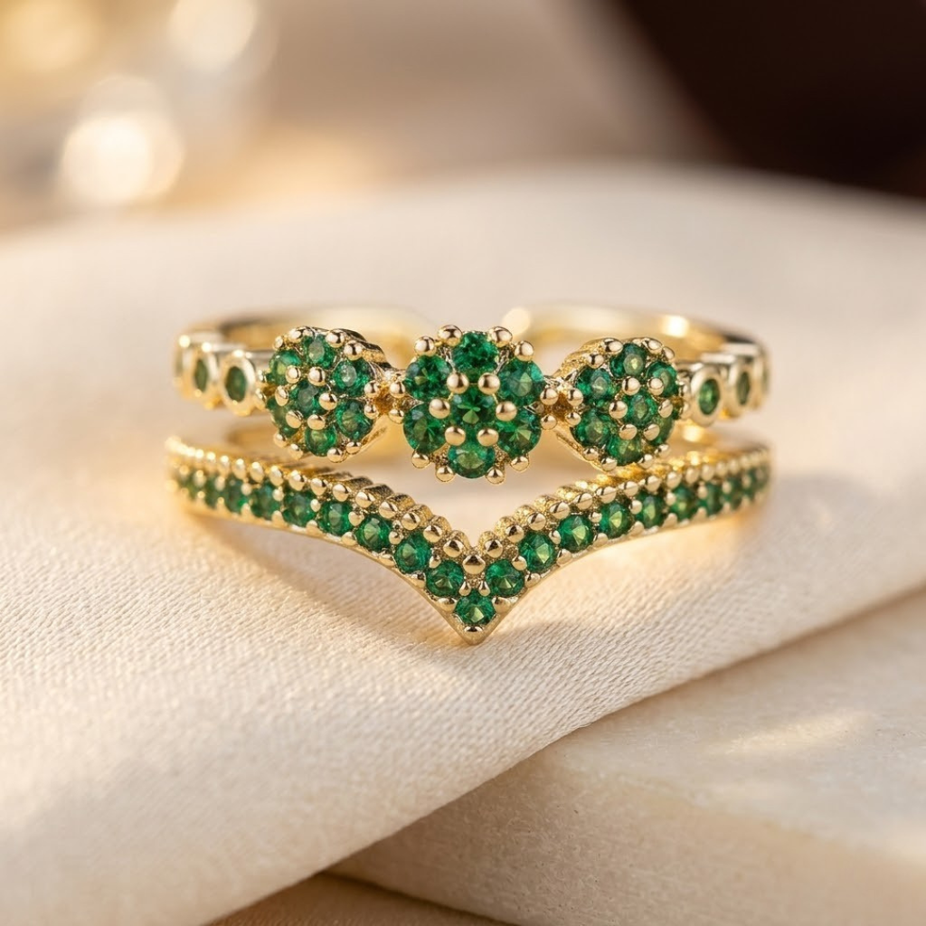 Gold Emerald Cluster Ring - Photo 1