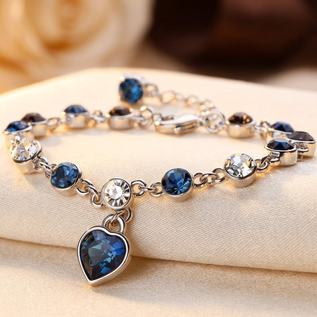 Silver Sapphire Heart Chain Bracelet - Photo 1