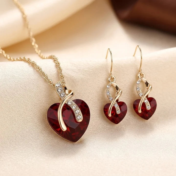 Gold Ruby Twisted Heart Jewelry Set - Photo 1