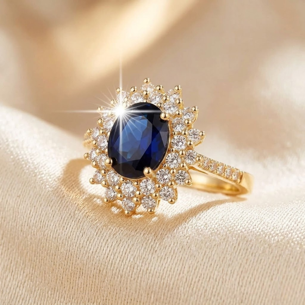 Gold Sapphire Halo Ring - Photo 1