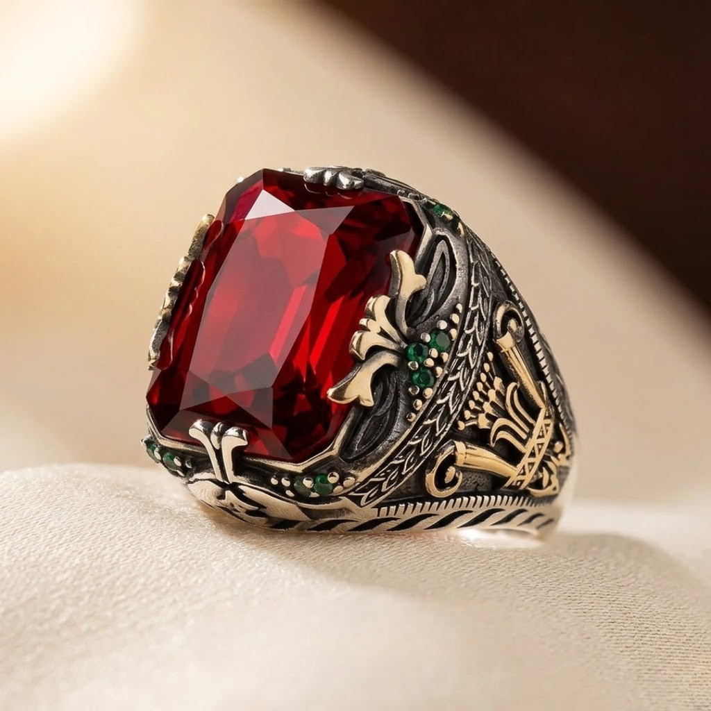 Silver Ruby Ornate Signet Ring - Photo 1