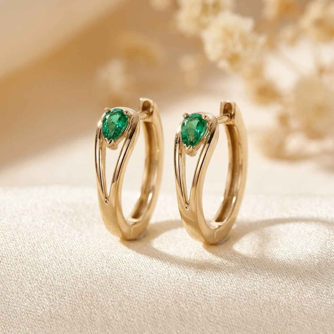 Gold Emerald Accent Hoop Earrings - Photo 1