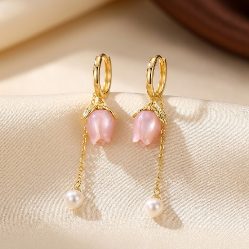 Gold Floral Pearl Drop Earrings - Photo 1