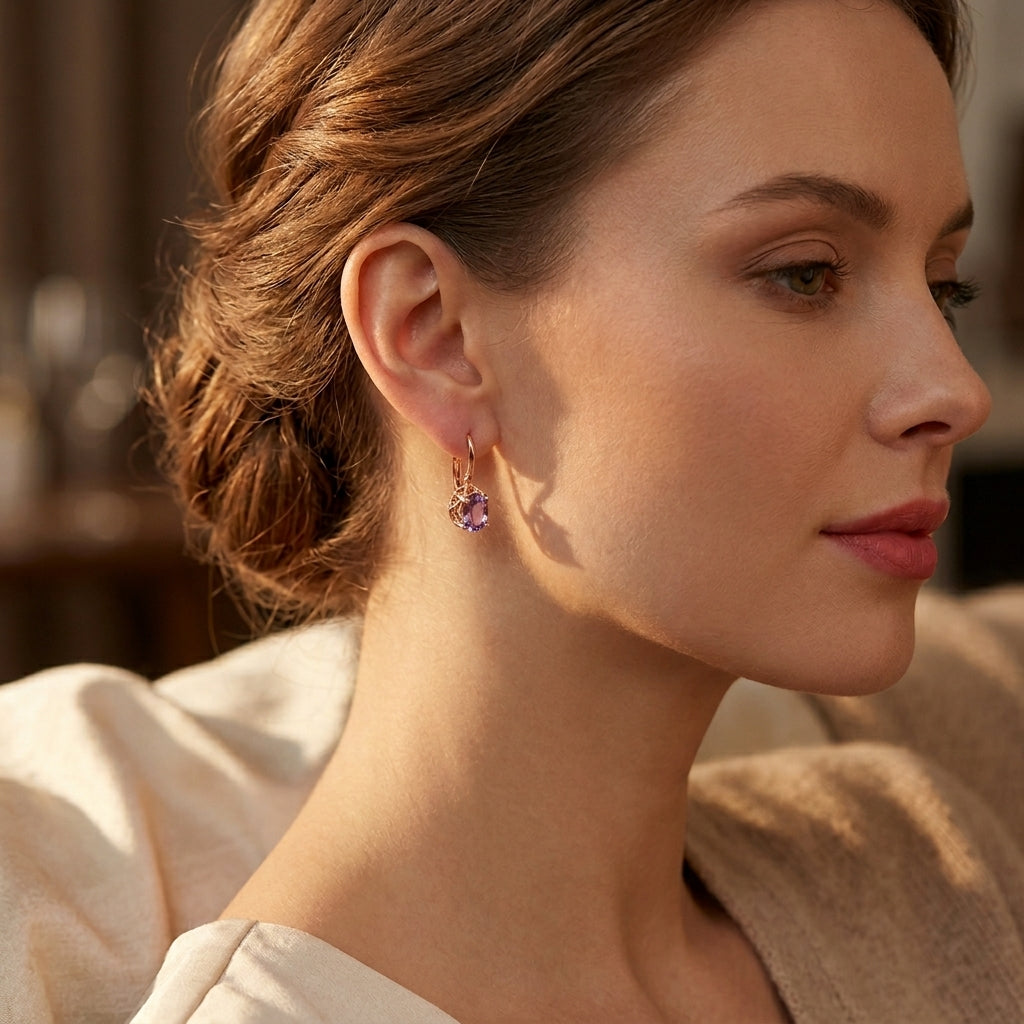 Rose Gold Amethyst Stud Earrings - Photo 2
