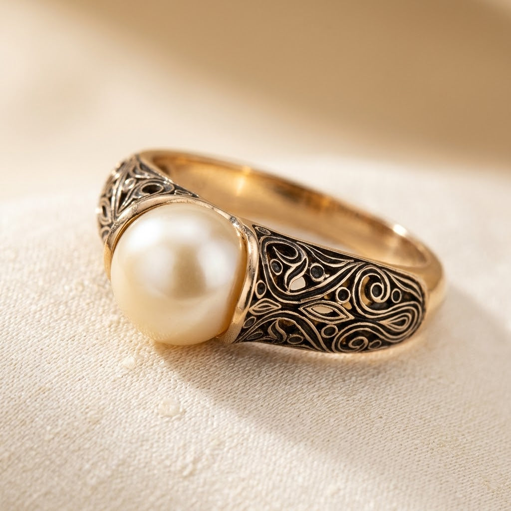 Gold Filigree Pearl Ring - Photo 1
