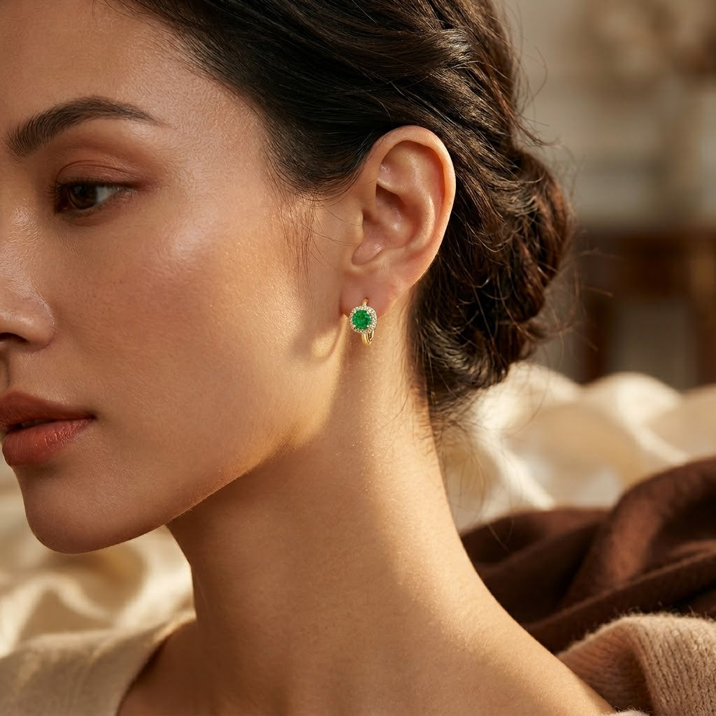 Gold Emerald Halo Hoop Earrings - Photo 2