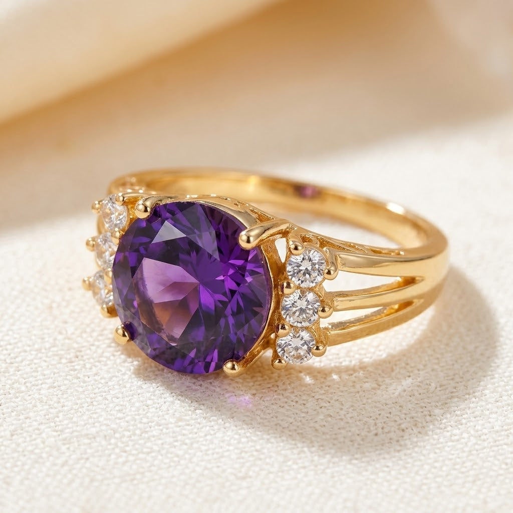 Gold Amethyst Split Shank Ring - Photo 1