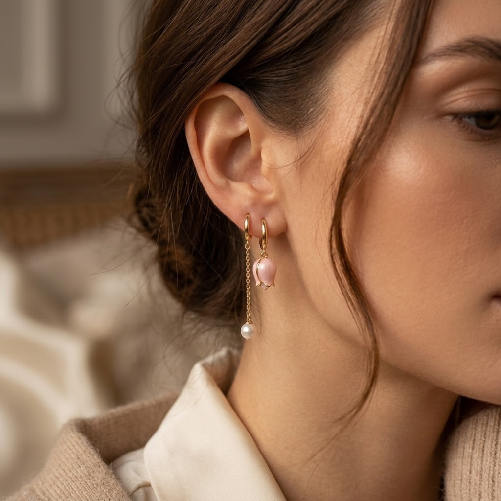 Gold Floral Pearl Drop Earrings - Photo 2