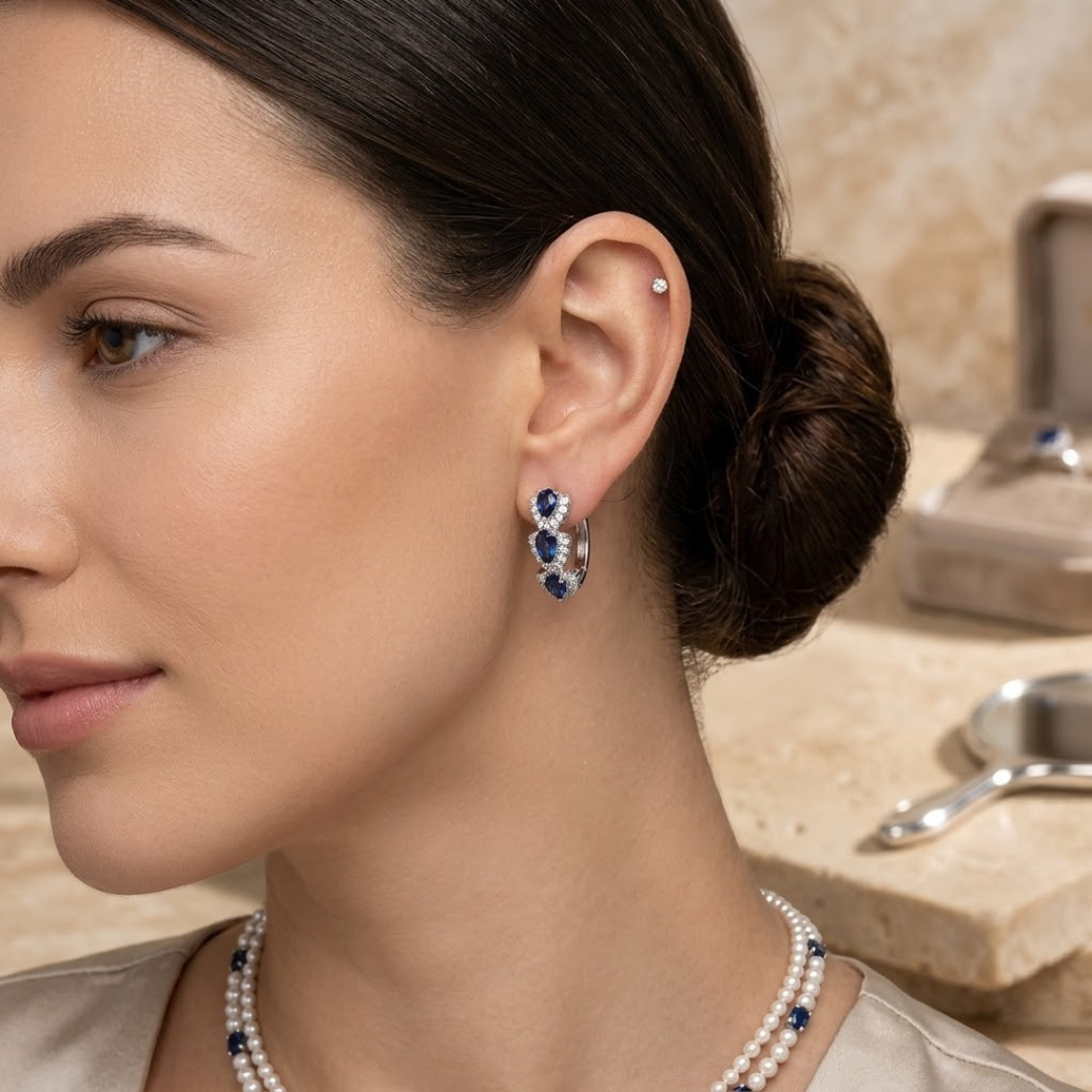 Silver Sapphire Halo Hoop Earrings - Photo 2