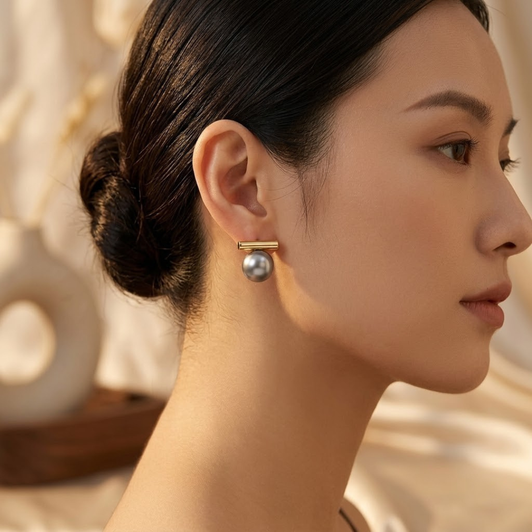 Gold Bar Pearl Stud Earrings - Photo 2