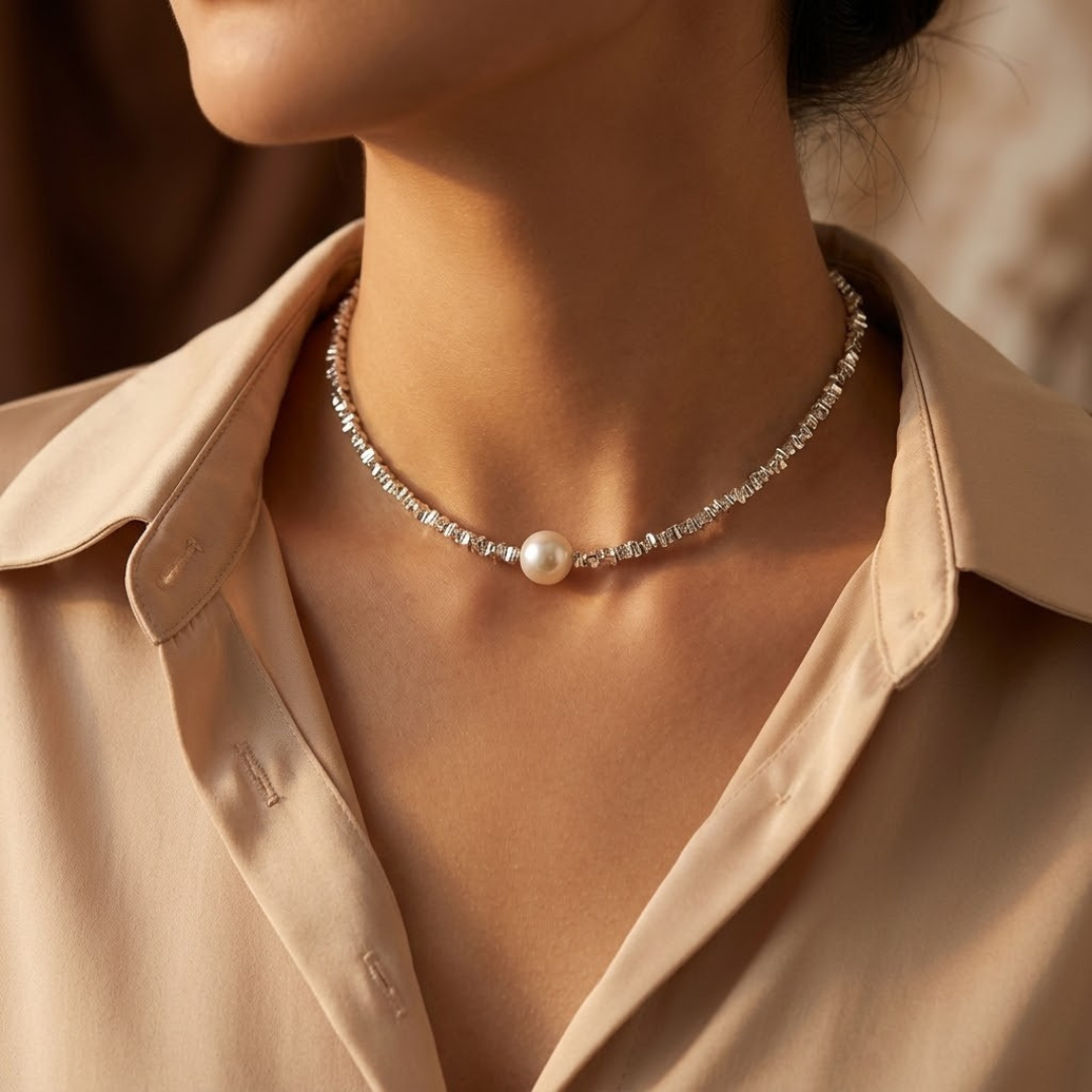 Silver Minimalist Pearl Choker Necklace - Photo 1