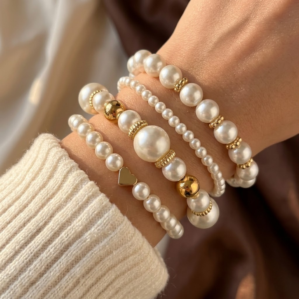 Gold Pearl Beaded Bracelet Set - Photo 1