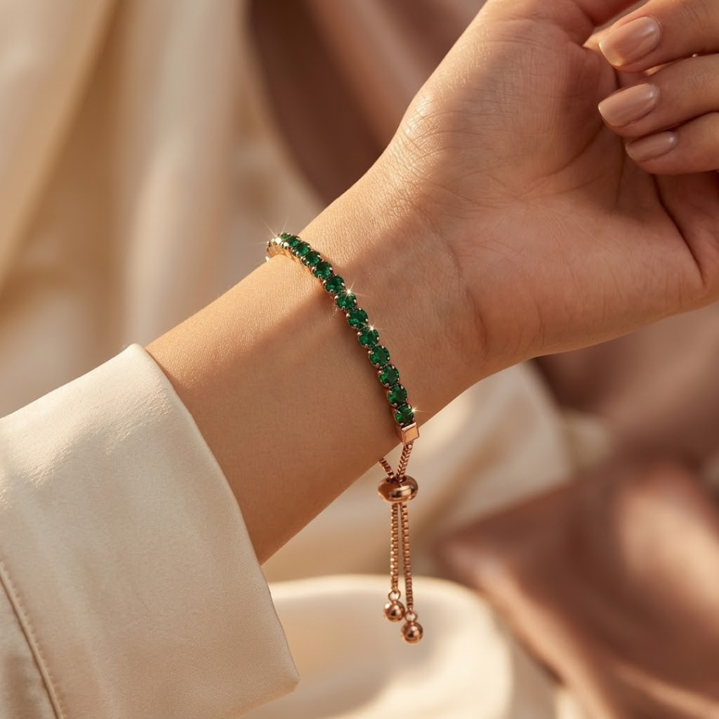 Gold Emerald Adjustable Tennis Bracelet - Photo 2