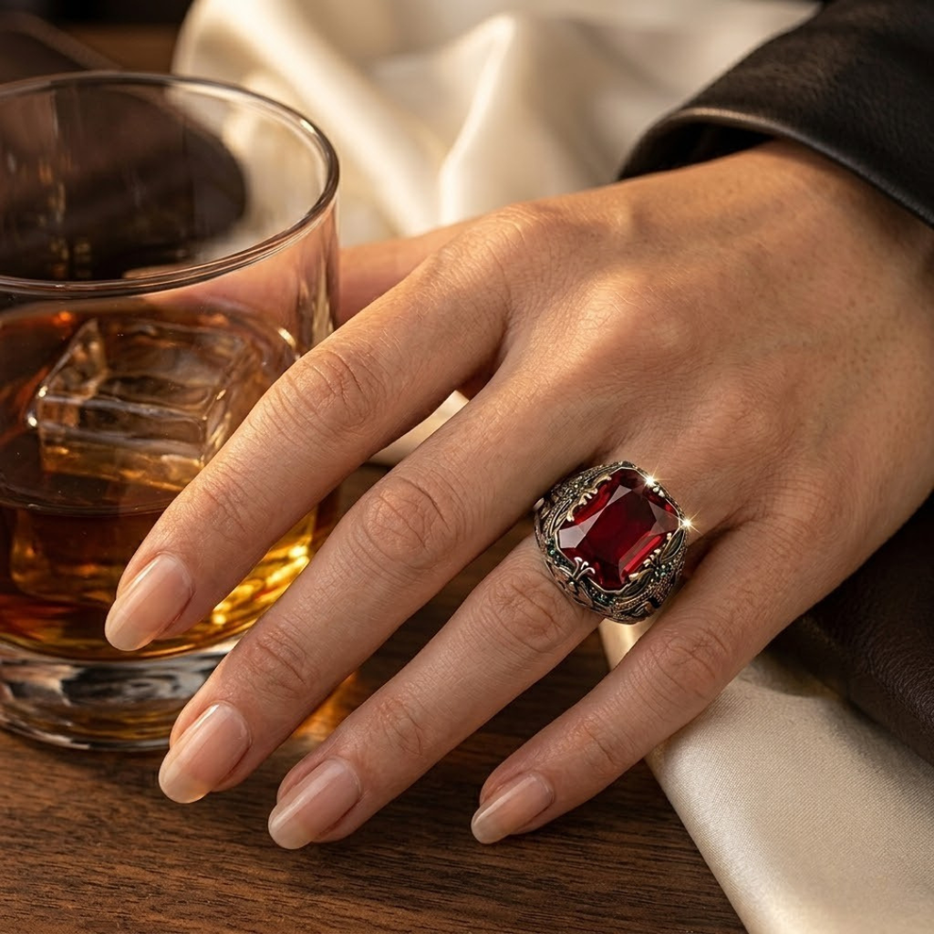 Silver Ruby Ornate Signet Ring - Photo 2