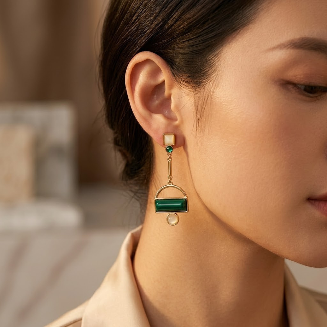 Gold Emerald Geometric Drop Earrings - Photo 2