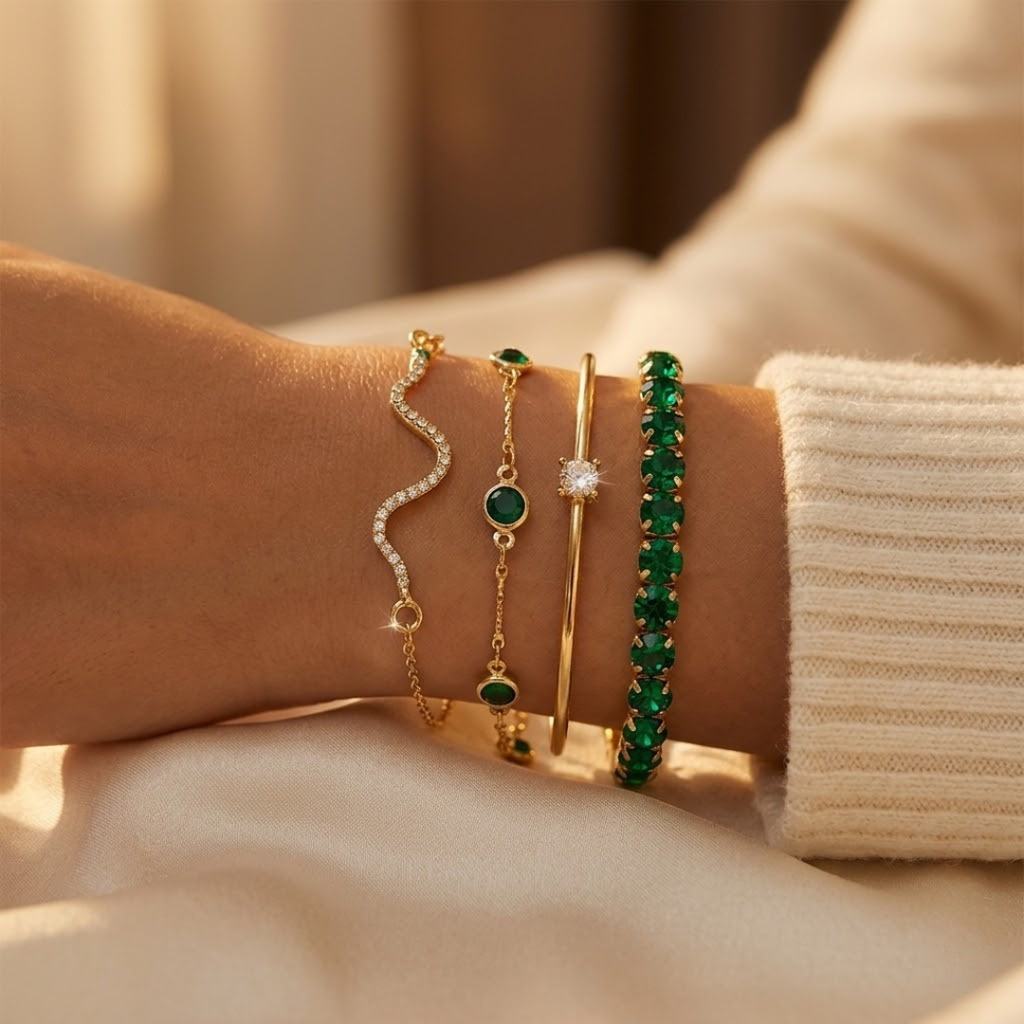 Gold Emerald Bracelet Set - Photo 2