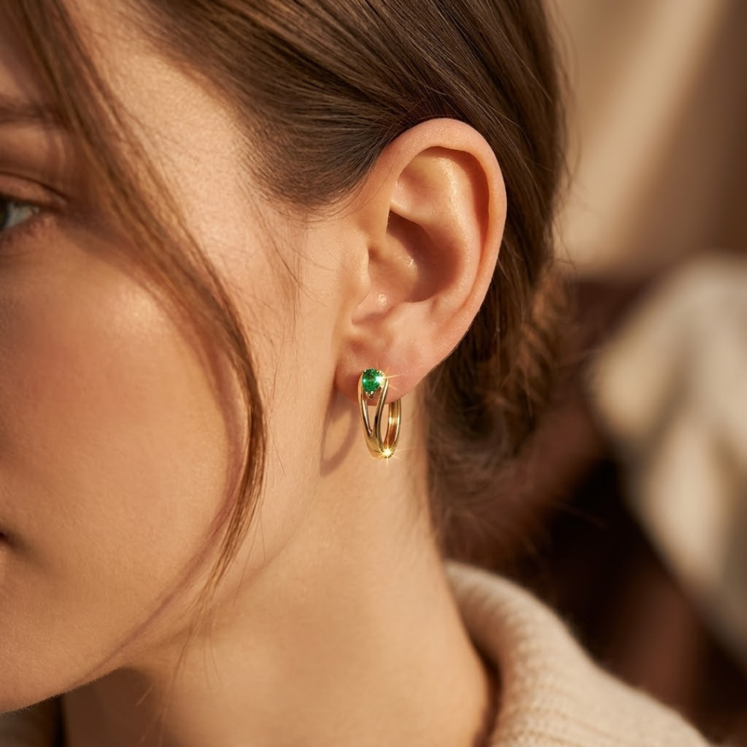 Gold Emerald Accent Hoop Earrings - Photo 2