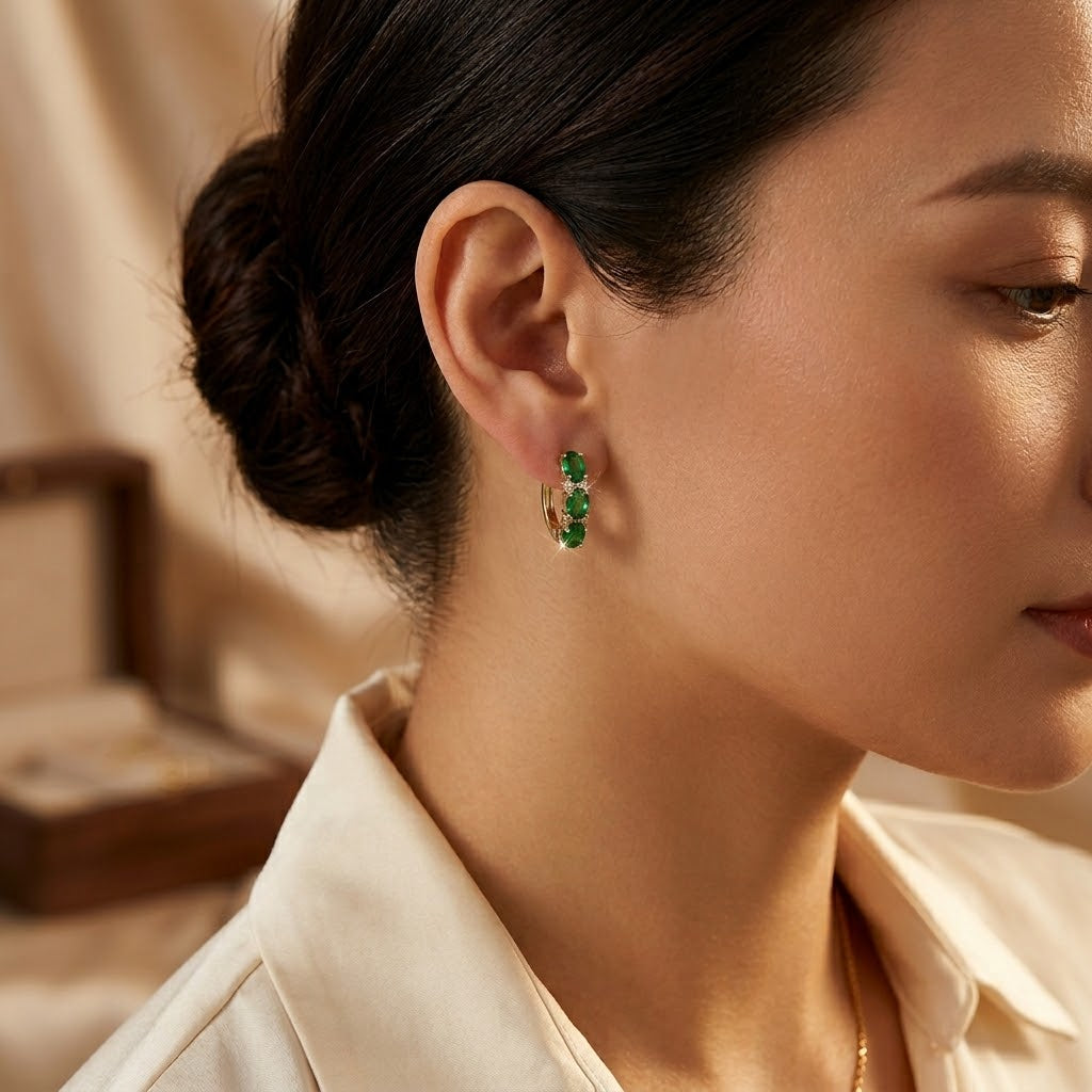Gold Emerald Vertical Hoop Earrings - Photo 2