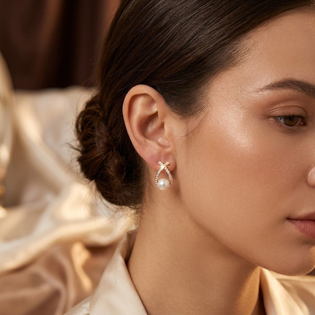 Gold Crisscross Pearl Stud Earrings - Photo 1