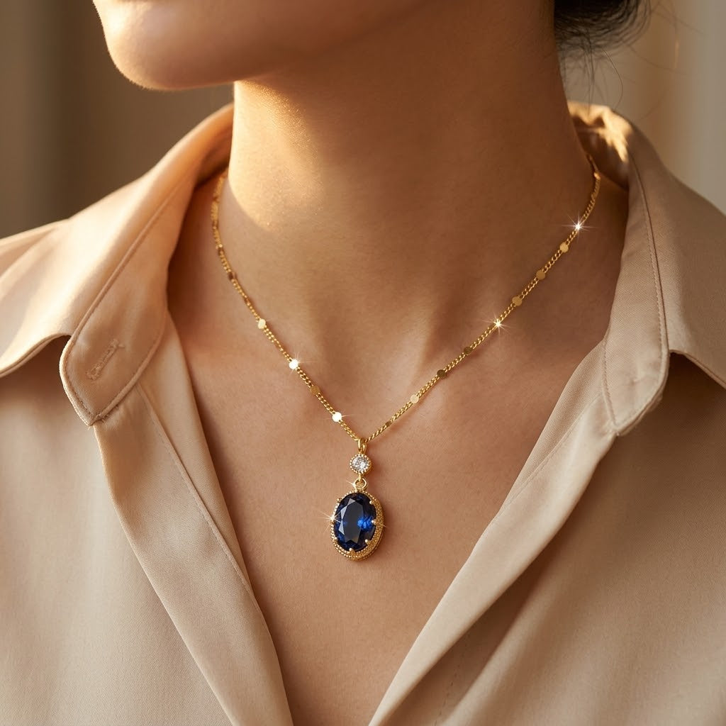 Gold Sapphire Oval Drop Necklace - Photo 2
