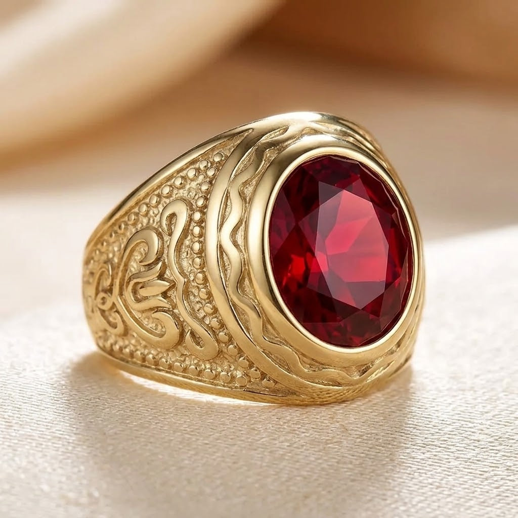 Gold Ruby Engraved Ring - Photo 1
