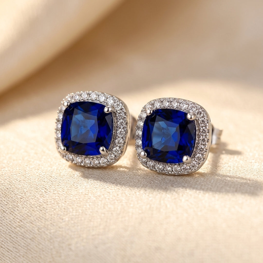 Silver Sapphire Halo Stud Earrings - Photo 1