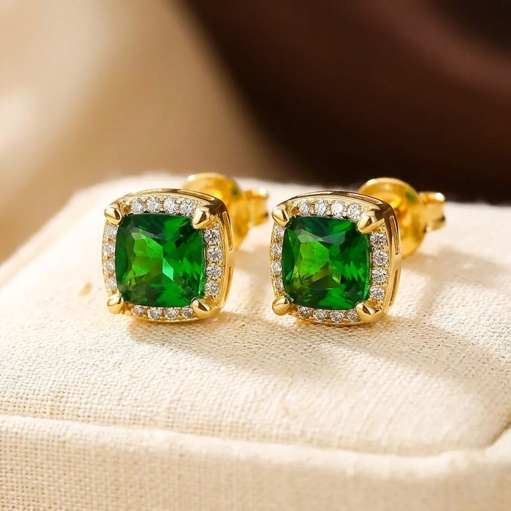 Gold Emerald Halo Stud Earrings - Photo 1