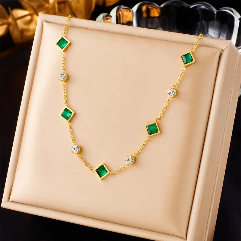 Gold Emerald Geometric Station Necklace - Photo 1