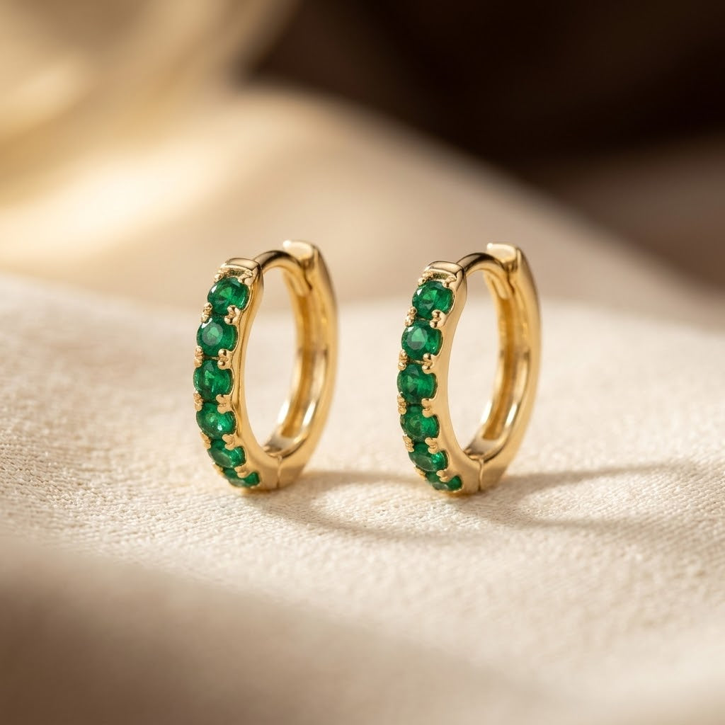 Gold Emerald Hoop Earrings - Photo 1