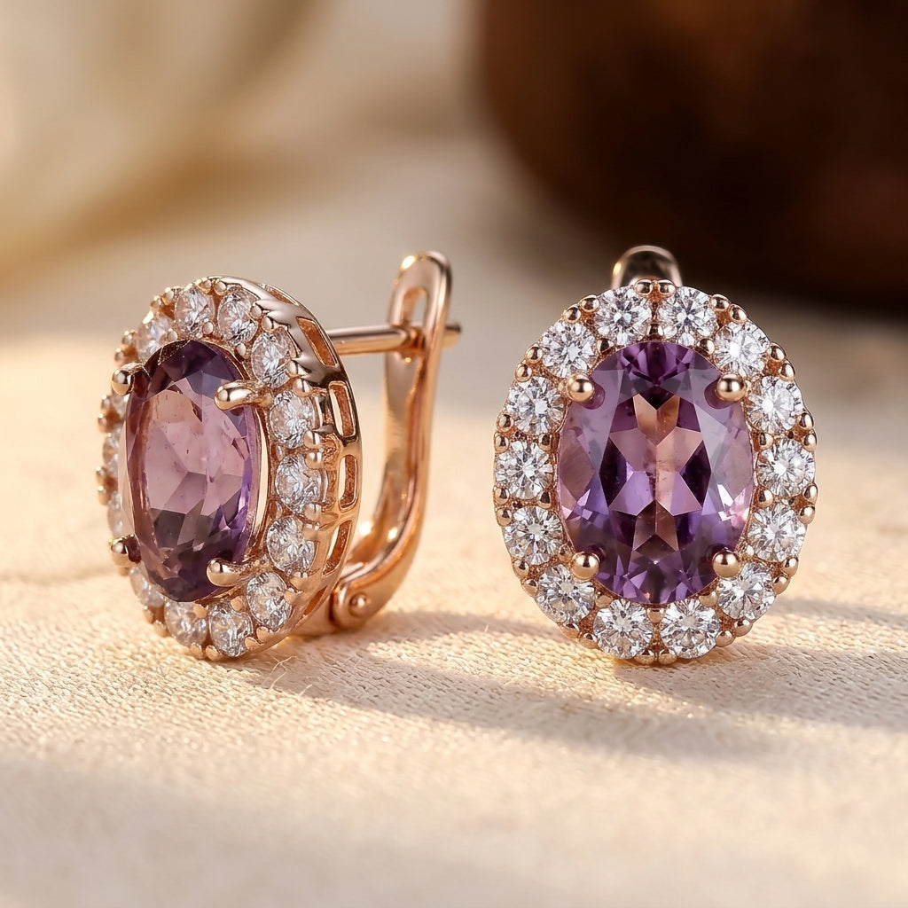 Gold Amethyst Halo Earrings - Photo 1