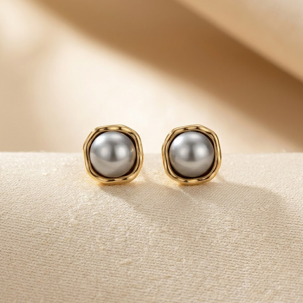 Gold Pearl Stud Earrings - Photo 1