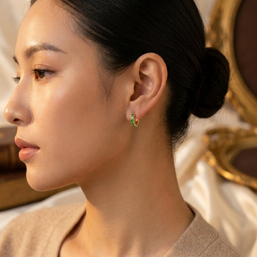 Gold Emerald Lattice Hoop Earrings - Photo 2