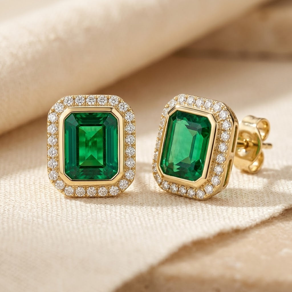Gold Emerald Square Halo Stud Earrings - Photo 1