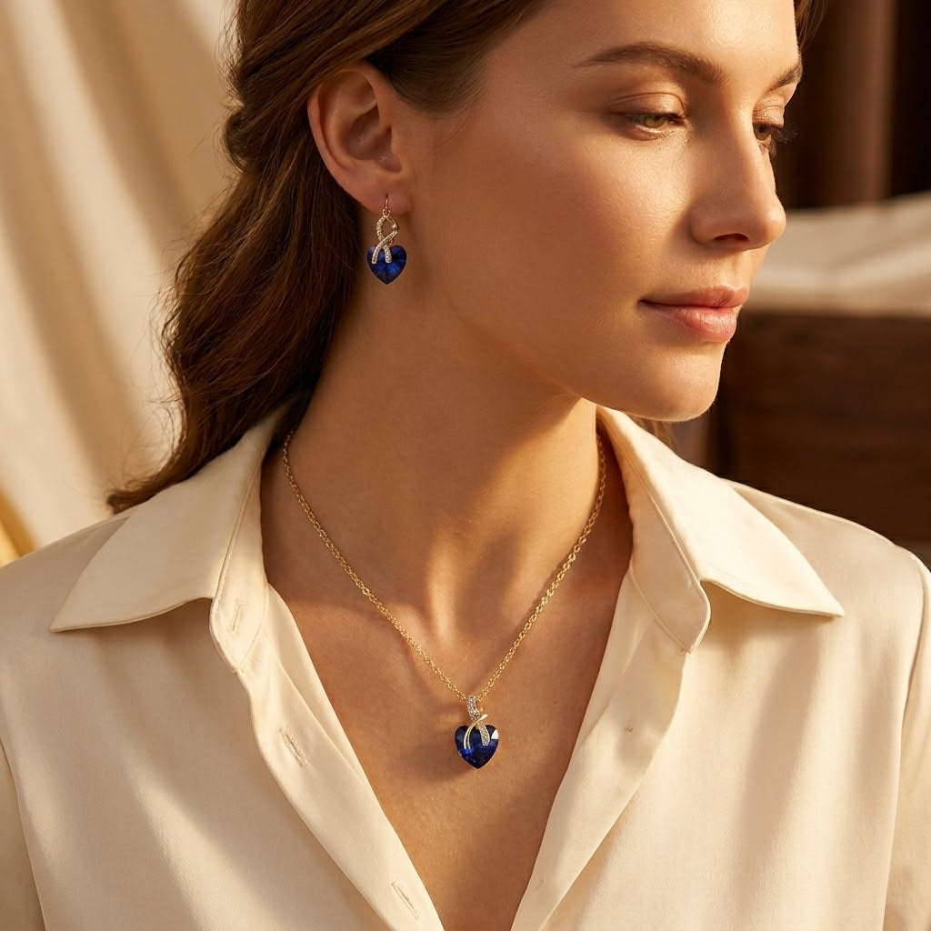 Gold Sapphire Heart Necklace and Earrings Set - Photo 2