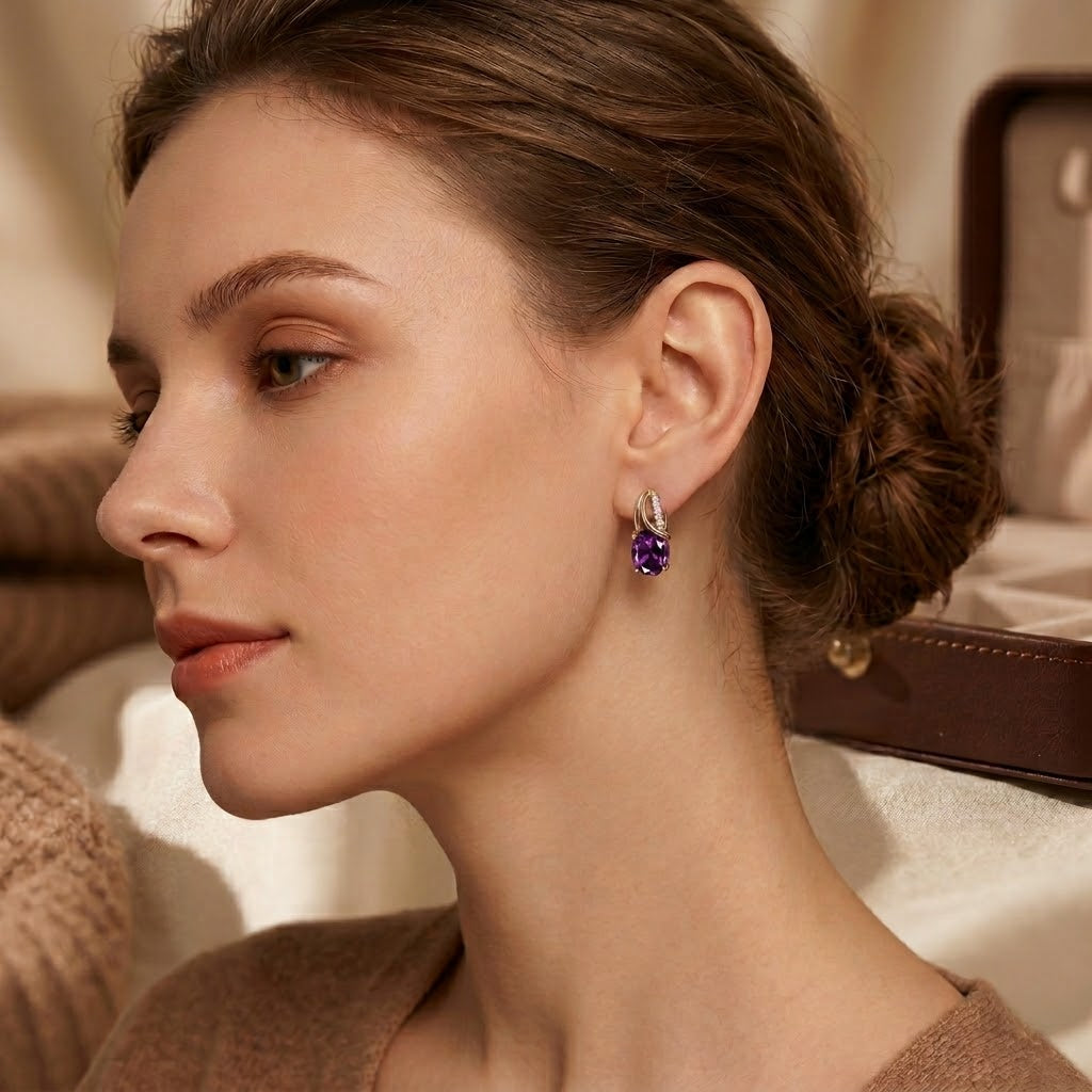 Gold Amethyst Hoop Earrings - Photo 2