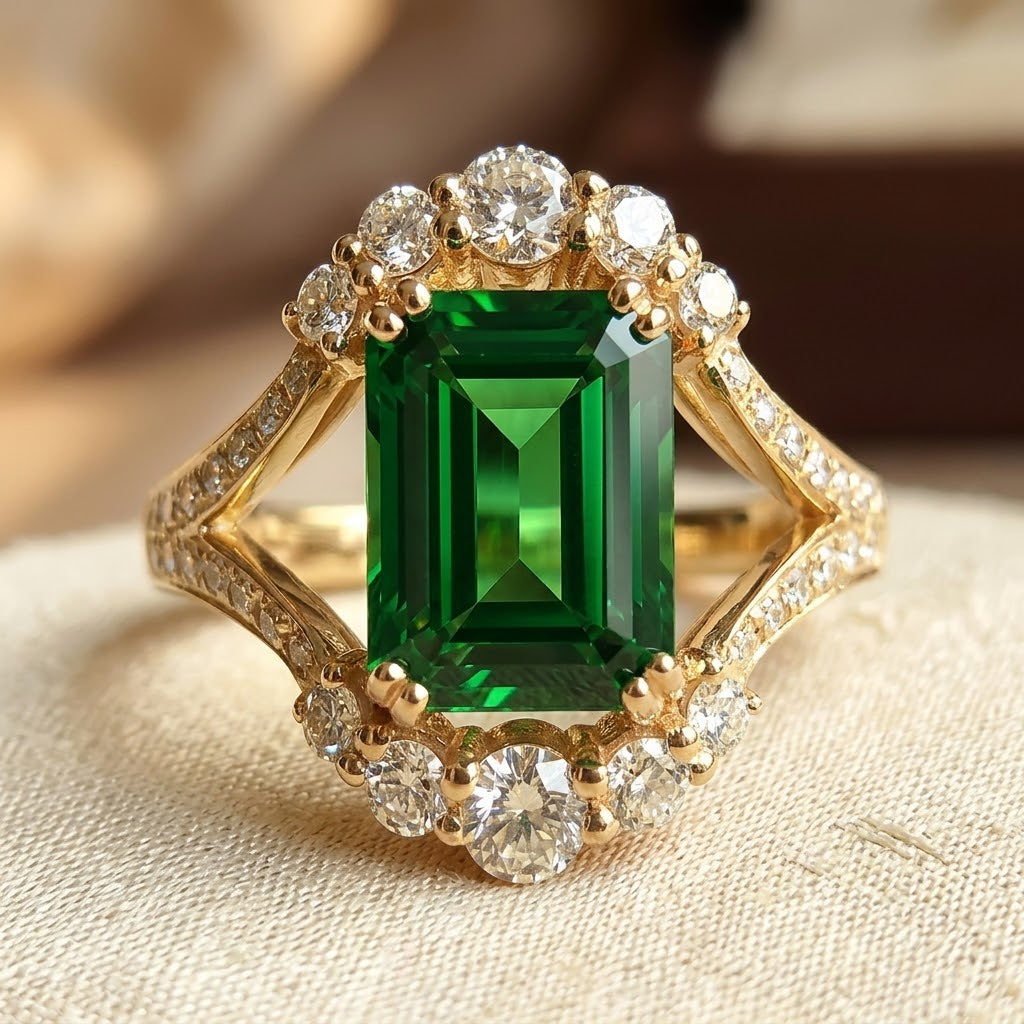 Gold Emerald Halo Ring - Photo 1