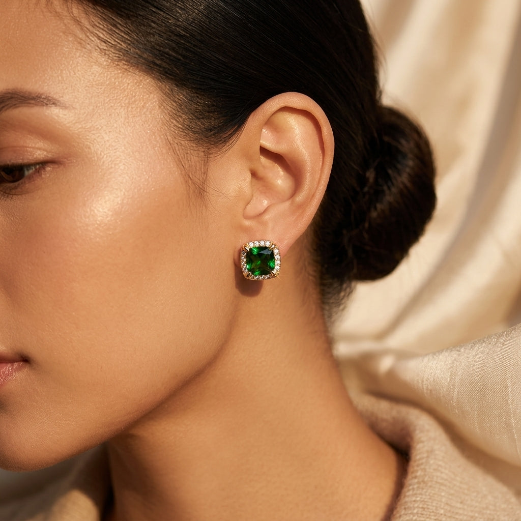 Gold Emerald Halo Stud Earrings - Photo 2